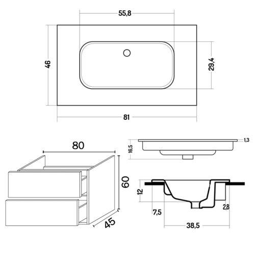 Тумба с раковиной  INDA Piccadilly 80RC XO081SFBL фото 2